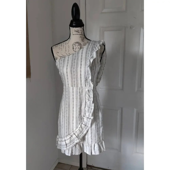 Linen Blend Sleeveless One Shoulder Mini Dress Ruffle Pinstripe Black & white S - Picture 7 of 14
